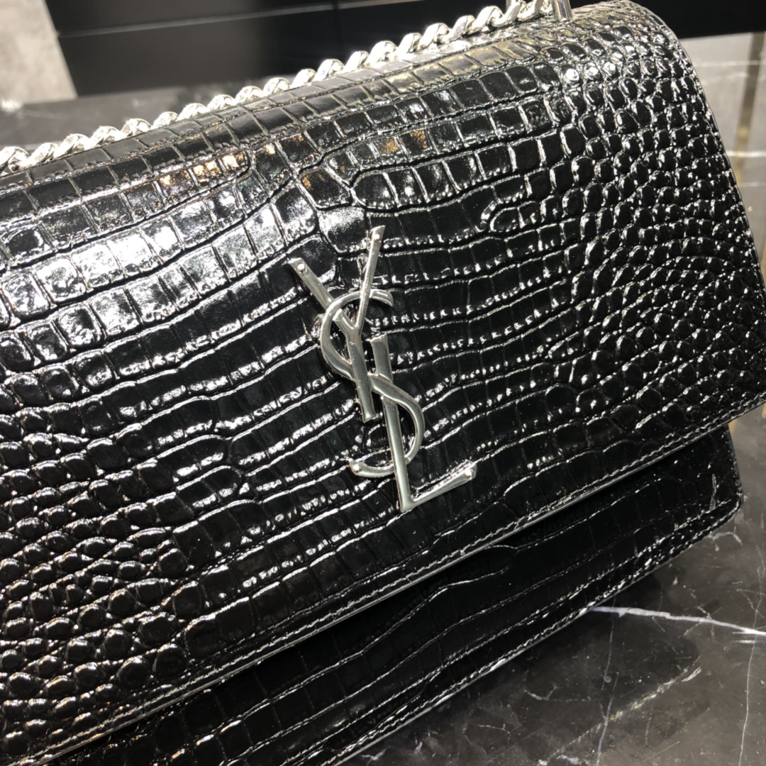 Saint Laurent Sunset Crocodile Embossed Calfskin Handbag Shoulder Bag Black 442906 Silver